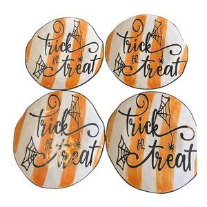 ELI + ANA Trick or Treat Halloween Orange Whimsy Ceramic 10.5" Plates Set of 4
